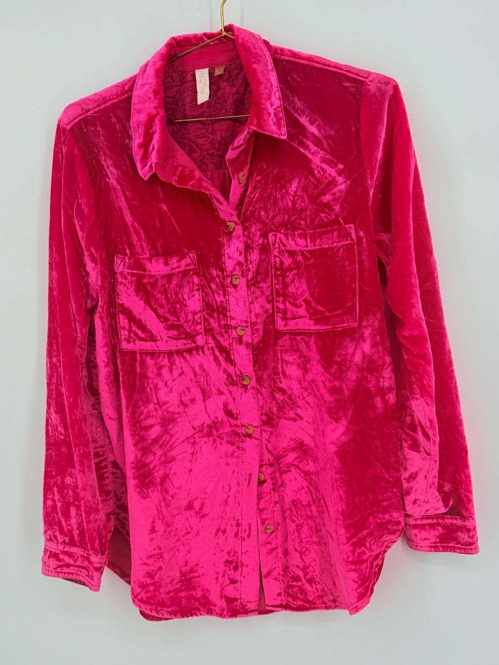 PILCRO Anthropologie Hot Pink Crushed Velvet Button Down Shirt Size 4